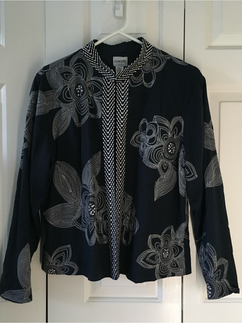 Chico's Navy Jacket with Silver Floral Embroidery